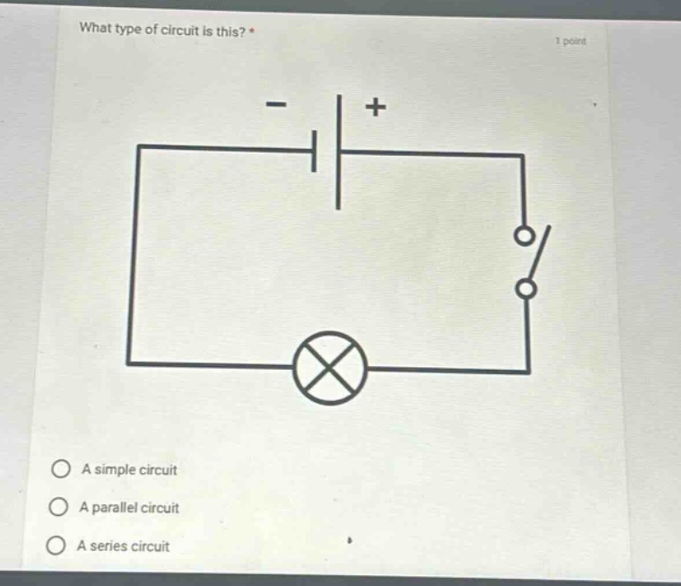 what type of circuit is this? * 1 point a simple circuit a parallel circuit a series circuit