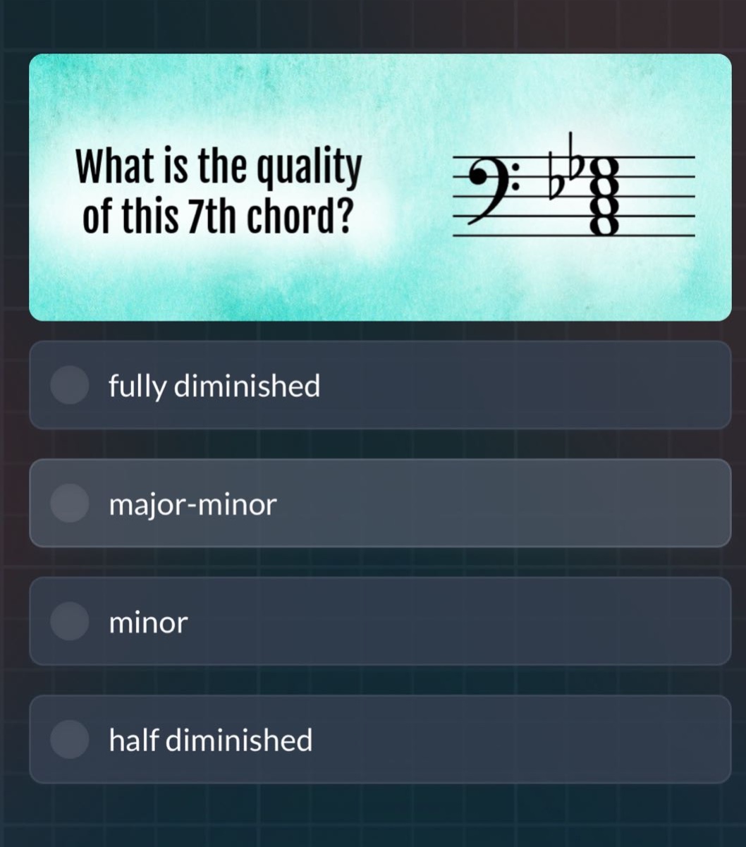 what is the quality of this 7th chord? fully diminished major - minor minor half diminished