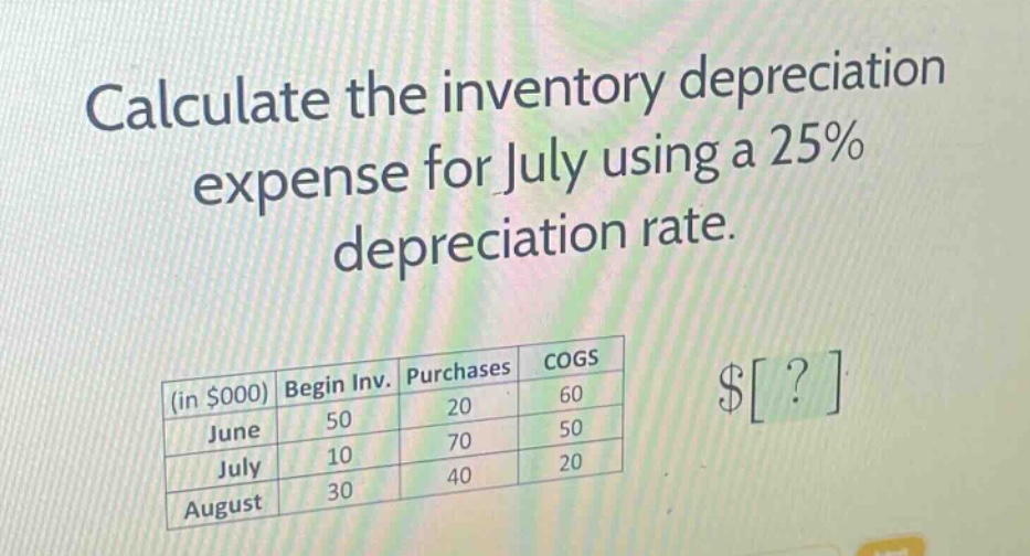 calculate the inventory depreciation expense for july using a 25% depreciation rate. (in $000) begin inv. purchases cogs june 50 20 60 july 10 70 50 august 30 40 20 $?