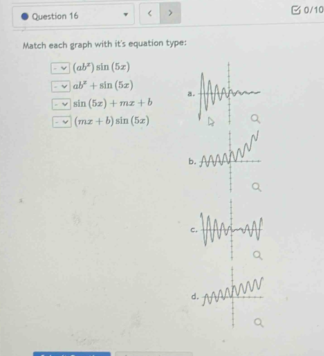 question 16\nmatch each graph with its equation type:\n(ab^x)sin(5x)\nab^x + sin(5x)\nsin(5x)+mx + b\n(mx + b)sin(5x)