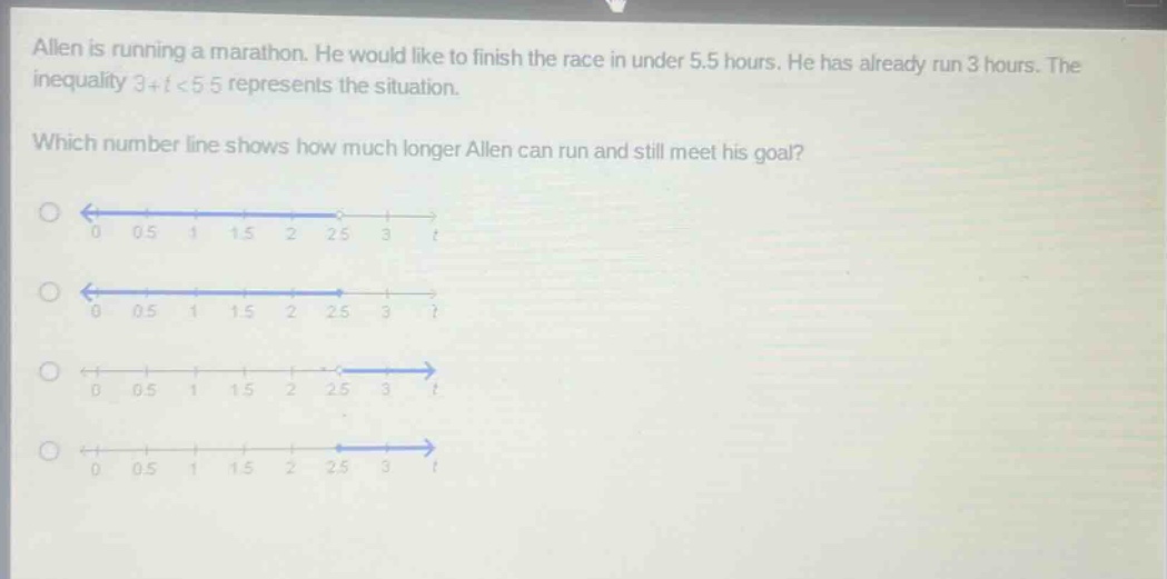 allen is running a marathon. he would like to finish the race in under 5.5 hours. he has already run 3 hours. the inequality 3 + t < 5.5 represents the situation. which number line shows how much longer allen can run and still meet his goal?
