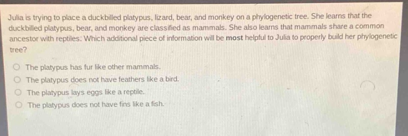julia is trying to place a duckbilled platypus, lizard, bear, and monkey on a phylogenetic tree. she learns that the duckbilled platypus, bear, and monkey are classified as mammals. she also learns that mammals share a common ancestor with reptiles. which additional piece of information will be most helpful to julia to properly build her phylogenetic tree? the platypus has fur like other mammals. the platypus does not have feathers like a bird. the platypus lays eggs like a reptile. the platypus does not have fins like a fish.