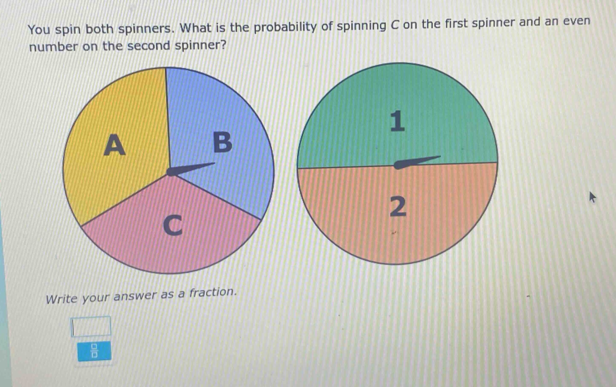 you spin both spinners. what is the probability of spinning c on the first spinner and an even number on the second spinner? write your answer as a fraction.