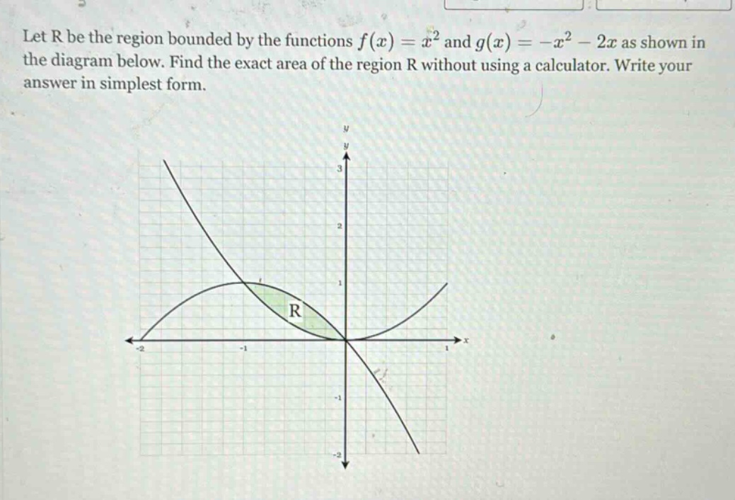 let r be the region bounded by the functions f(x)=x² and g(x)= -x² - 2x as shown in the diagram below. find the exact area of the region r without using a calculator. write your answer in simplest form.