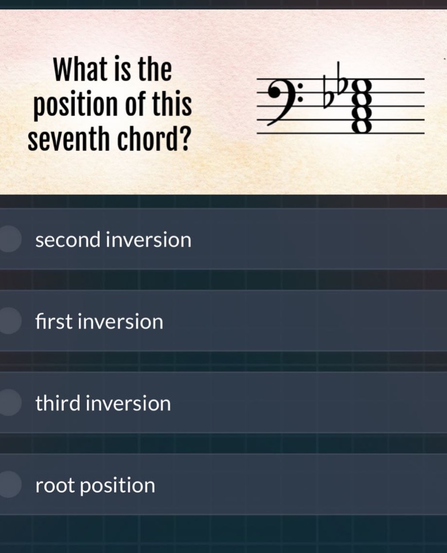 what is the position of this seventh chord? second inversion first inversion third inversion root position