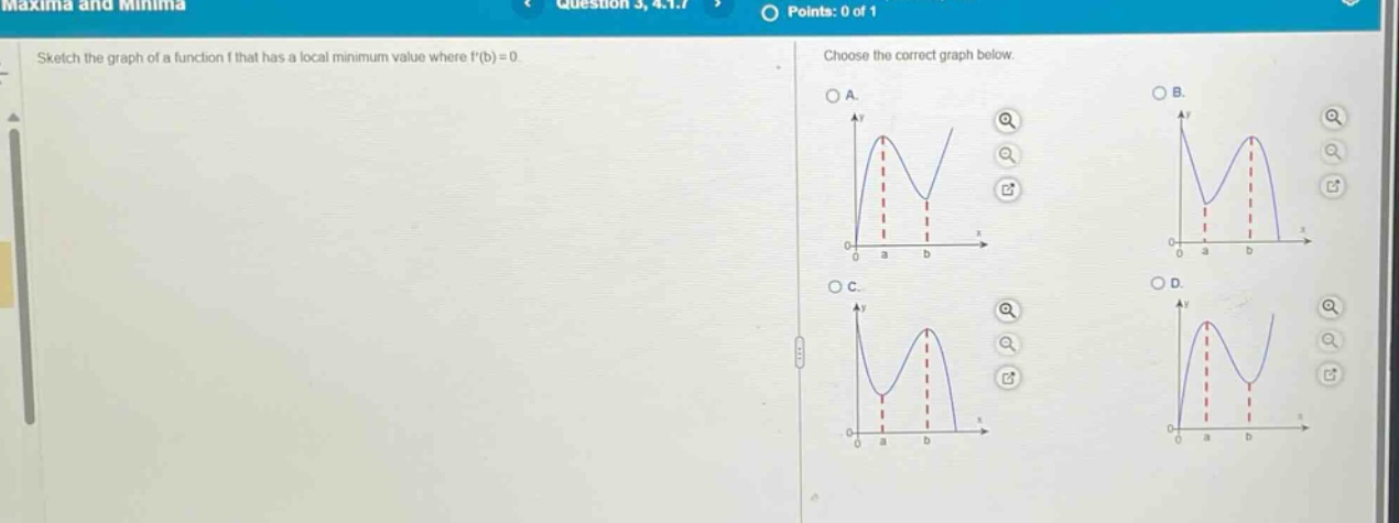 maxima and minima\nquestion 3, 4.1.7\npoints: 0 of 1\nsketch the graph of a function f that has a local minimum value where f(b)=0.\nchoose the correct graph below.