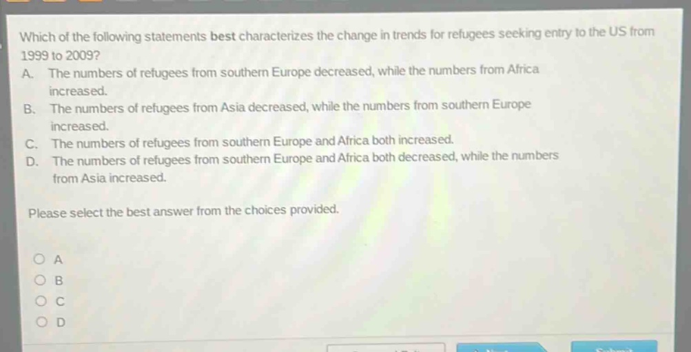 which of the following statements best characterizes the change in trends for refugees seeking entry to the us from 1999 to 2009? a. the numbers of refugees from southern europe decreased, while the numbers from africa increased. b. the numbers of refugees from asia decreased, while the numbers from southern europe increased. c. the numbers of refugees from southern europe and africa both increased. d. the numbers of refugees from southern europe and africa both decreased, while the numbers from asia increased. please select the best answer from the choices provided. o a o b o c o d