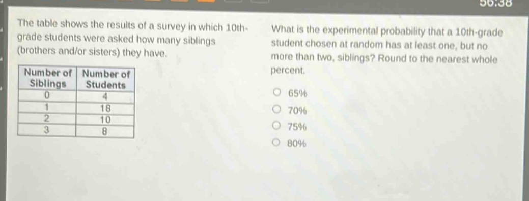 the table shows the results of a survey in which 10th - grade students were asked how many siblings (brothers and/or sisters) they have. what is the experimental probability that a 10th - grade student chosen at random has at least one, but no more than two, siblings? round to the nearest whole percent. number of siblings number of students 0 4 1 18 2 10 3 8 65% 70% 75% 80%