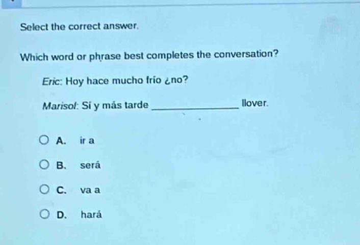 select the correct answer. which word or phrase best completes the conversation? eric: hoy hace mucho frío ¿no? marisol: sí y más tarde ______________ llover. a. ir a b. será c. va a d. hará
