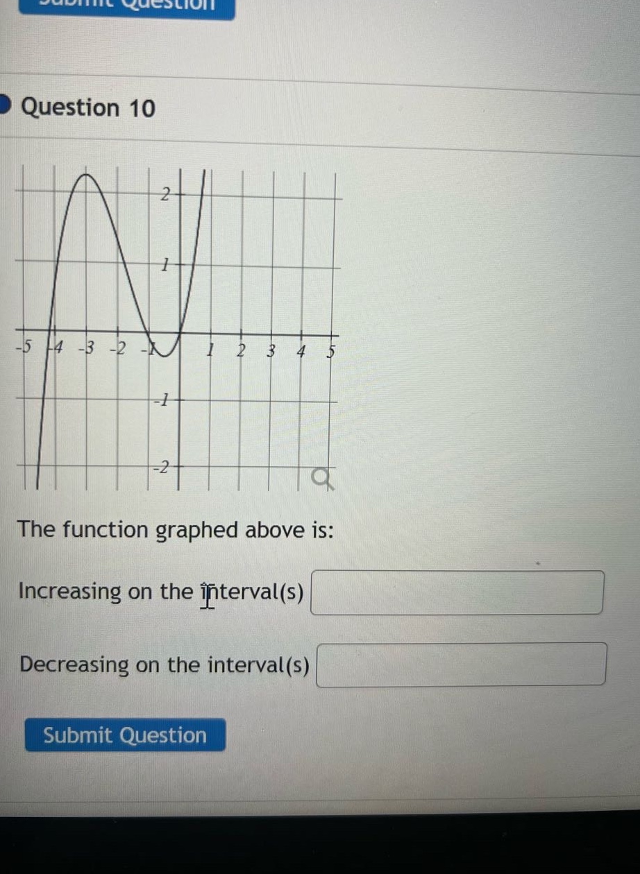 question 10 the function graphed above is: increasing on the interval(s) decreasing on the interval(s) submit question