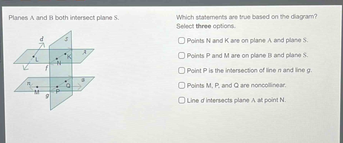 planes a and b both intersect plane s. which statements are true based on the diagram? select three options. points n and k are on plane a and plane s. points p and m are on plane b and plane s. point p is the intersection of line n and line g. points m, p, and q are noncollinear. line d intersects plane a at point n.