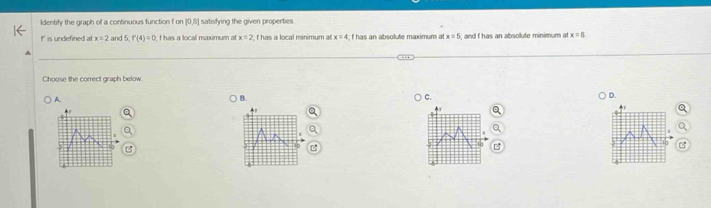 identify the graph of a continuous function f on 0,8 satisfying the given properties. f is undefined at x = 2 and 5; f(4)=0; f has a local maximum at x = 2; f has a local minimum at x = 4; f has an absolute maximum at x = 5; and f has an absolute minimum at x = 8. choose the correct graph below.