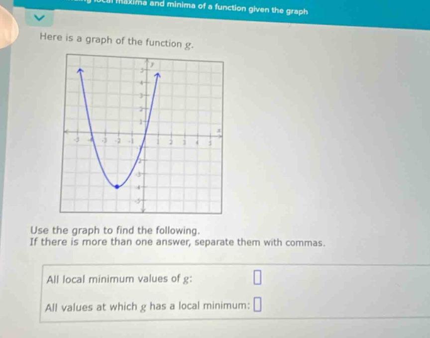 here is a graph of the function g. use the graph to find the following. if there is more than one answer, separate them with commas. all local minimum values of g: all values at which g has a local minimum: