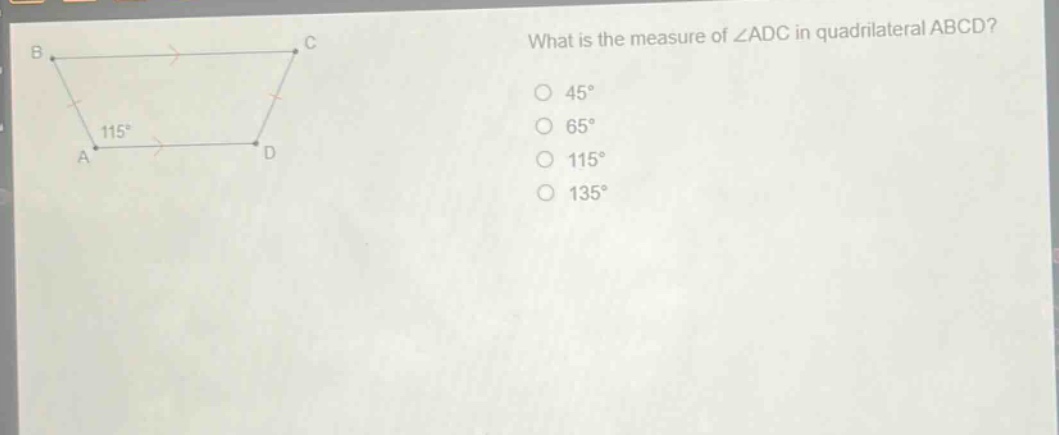 what is the measure of ∠adc in quadrilateral abcd? 45° 65° 115° 135°