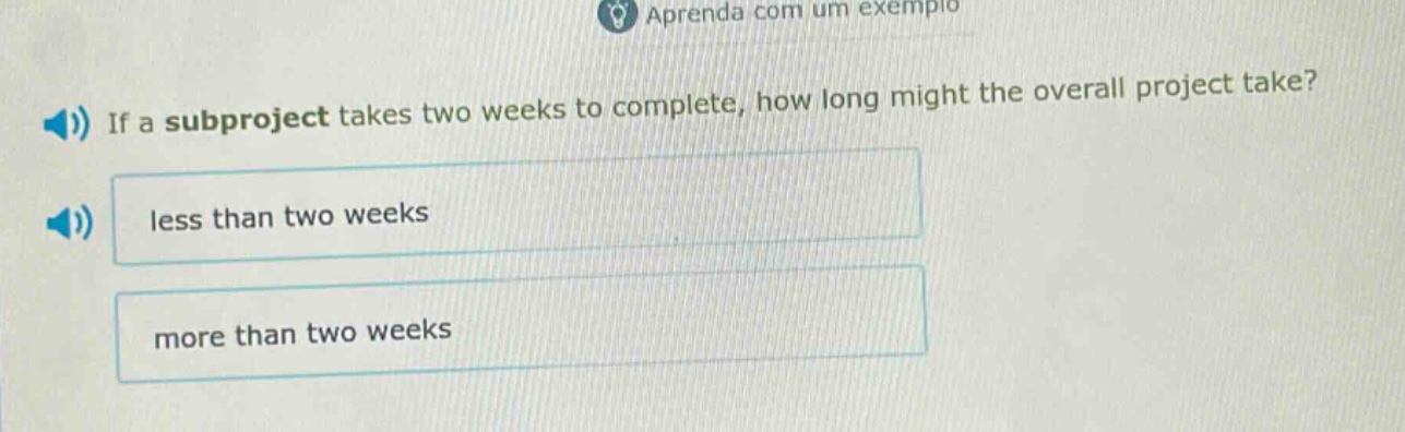 if a subproject takes two weeks to complete, how long might the overall project take? less than two weeks more than two weeks