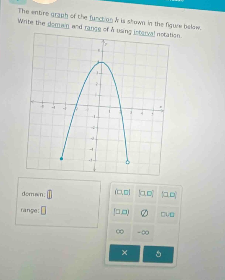 the entire graph of the function h is shown in the figure below. write the domain and range of h using interval notation. domain: range: