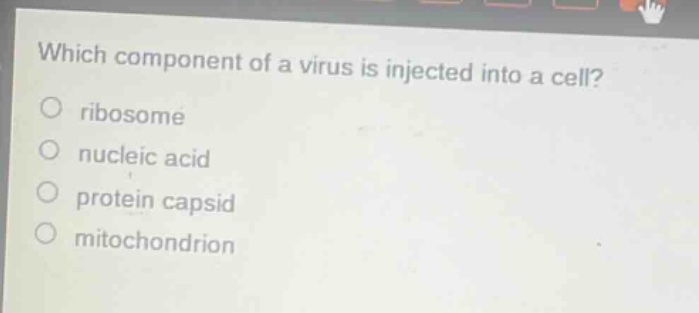 which component of a virus is injected into a cell?\nribosome\nnucleic acid\nprotein capsid\nmitochondrion