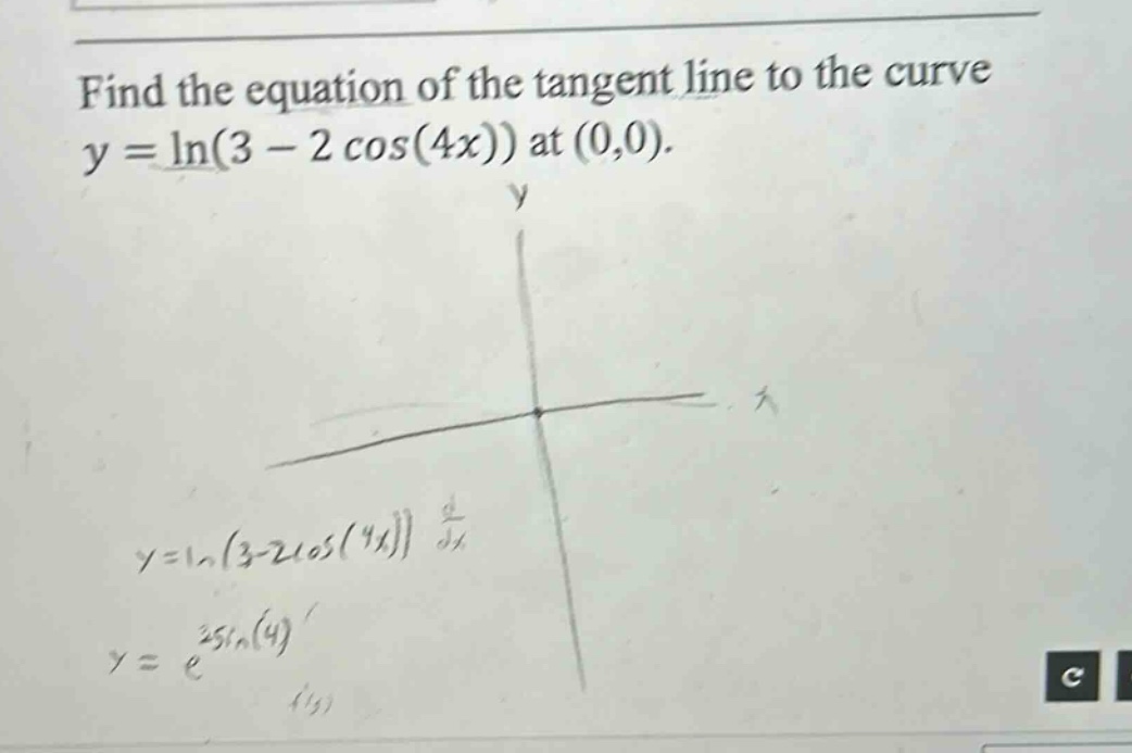 find the equation of the tangent line to the curve y = ln(3 - 2 cos(4x)) at (0,0).