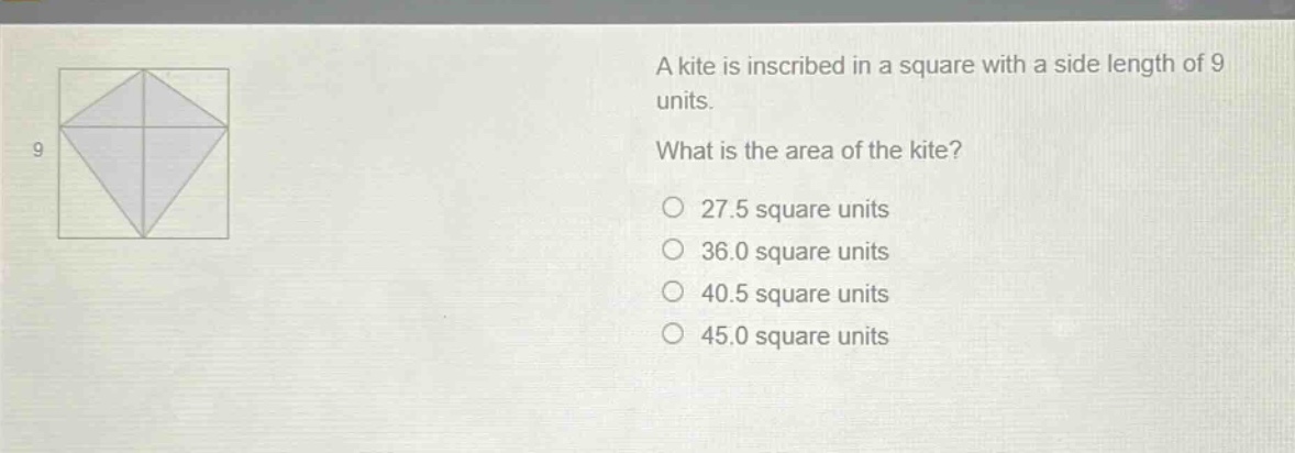 a kite is inscribed in a square with a side length of 9 units. what is the area of the kite? 27.5 square units 36.0 square units 40.5 square units 45.0 square units