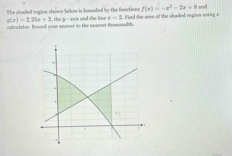 the shaded region shown below is bounded by the functions f(x)=-x² - 2x + 8 and g(x)=2.25x + 2, the y - axis and the line x = 2. find the area of the shaded region using a calculator. round your answer to the nearest thousandth.