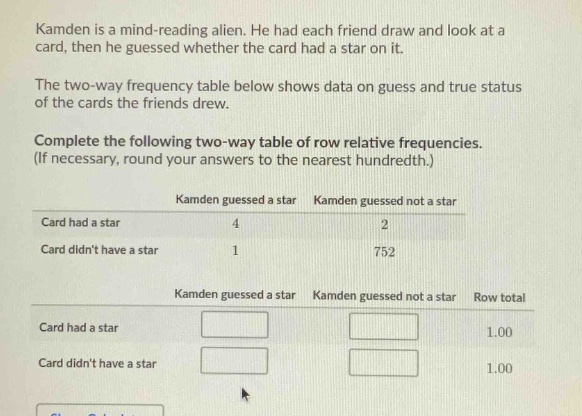 kamden is a mind - reading alien. he had each friend draw and look at a card, then he guessed whether the card had a star on it. the two - way frequency table below shows data on guess and true status of the cards the friends drew. complete the following two - way table of row relative frequencies. (if necessary, round your answers to the nearest hundredth.) kamden guessed a star kamden guessed not a star card had a star 4 2 card didnt have a star 1 752 kamden guessed a star kamden guessed not a star row total card had a star 1.00 card didnt have a star 1.00