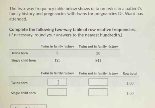 the two - way frequency table below shows data on twins in a patients family history and pregnancies with twins for pregnancies dr. ward has attended. complete the following two - way table of row relative frequencies. (if necessary, round your answers to the nearest hundredth.) twins in family history twins not in family history twins born 8 26 single child born 125 841 twins in family history twins not in family history row total twins born 1.00 single child born 1.00