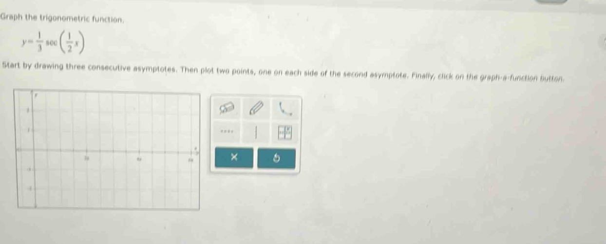 graph the trigonometric function. y = 1/3 sec(1/2 x) start by drawing three consecutive asymptotes. then plot two points, one on each side of the second asymptote. finally, click on the graph - a - function button.
