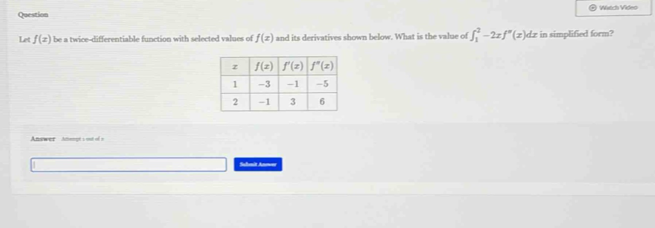 let f(x) be a twice - differentiable function with selected values of f(x) and its derivatives shown below. what is the value of ∫₁² - 2xf″(x)dx in simplified form? x f(x) f′(x) f″(x) 1 - 3 - 1 - 5 2 - 1 3 6