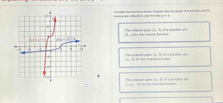 consider the function shown. explain why the graph of a function and its inverse are reflections over the line y = x. the ordered pairs (a, b) of a function are (b, a) for the inverse function. the ordered pairs (a, b) of a function are (a, b) for the inverse function. the ordered pairs (a, b) of a function are (-a, -b) for the inverse function.
