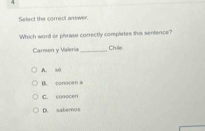select the correct answer. which word or phrase correctly completes this sentence? carmen y valeria ______ chile. a. sé b. conocen a c. conocen d. sabemos