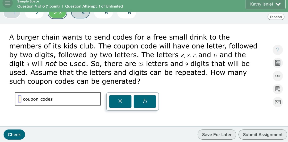 a burger chain wants to send codes for a free small drink to the members of its kids club. the coupon code will have one letter, followed by two digits, followed by two letters. the letters r, s, t, and u and the digit 3 will not be used. so, there are 22 letters and 9 digits that will be used. assume that the letters and digits can be repeated. how many such coupon codes can be generated? coupon codes