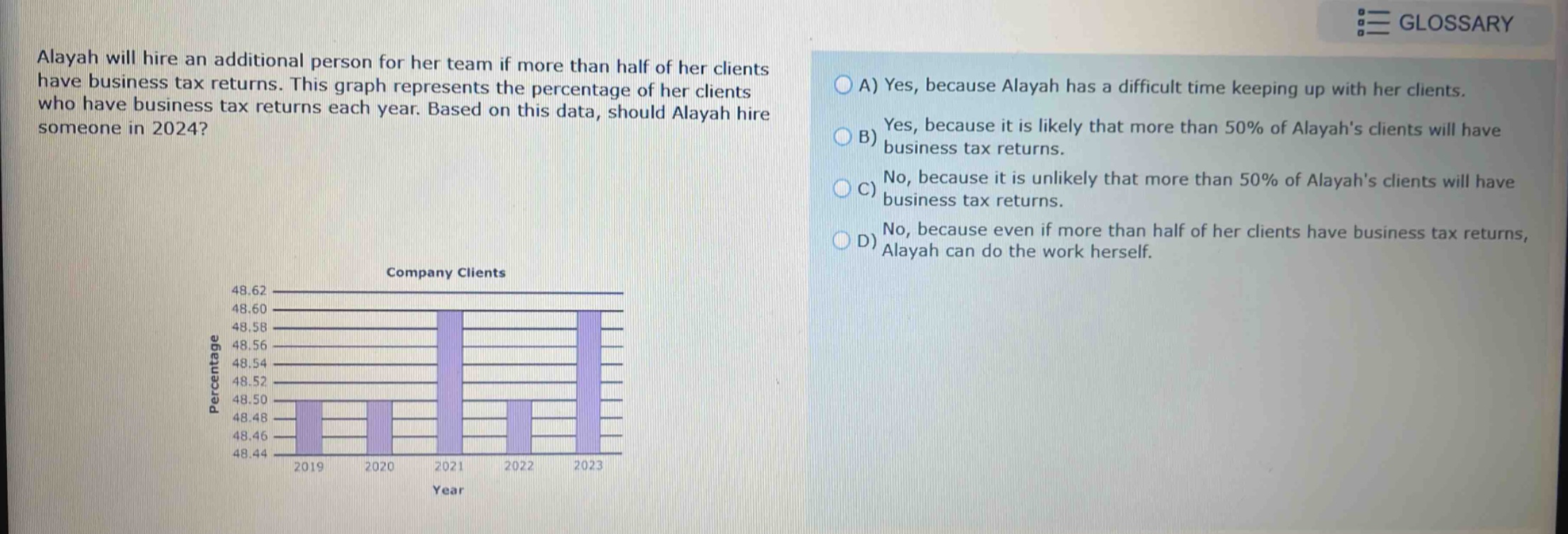 alayah will hire an additional person for her team if more than half of her clients have business tax returns. this graph represents the percentage of her clients who have business tax returns each year. based on this data, should alayah hire someone in 2024? company clients 2019 2020 2021 2022 2023 a) yes, because alayah has a difficult time keeping up with her clients. b) yes, because it is likely that more than 50% of alayahs clients will have business tax returns. c) no, because it is unlikely that more than 50% of alayahs clients will have business tax returns. d) no, because even if more than half of her clients have business tax returns, alayah can do the work herself.
