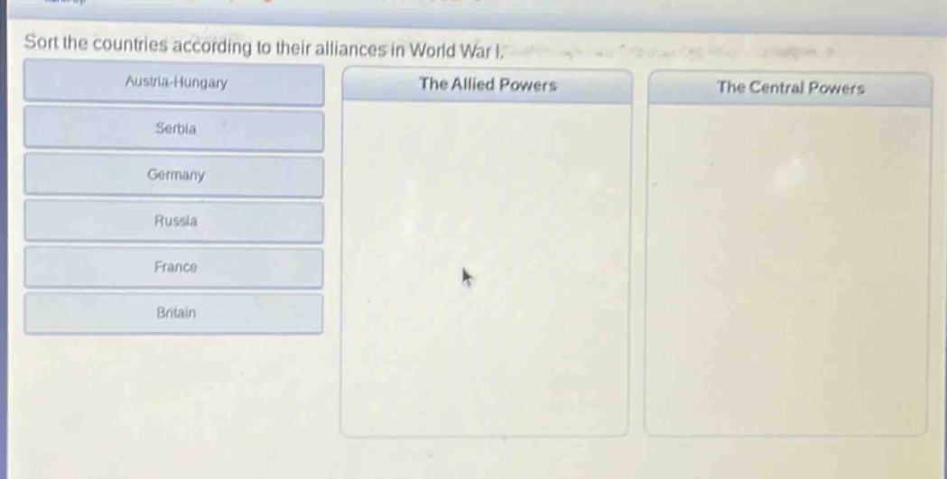 sort the countries according to their alliances in world war i. austria - hungary serbia germany russia france britain the allied powers the central powers