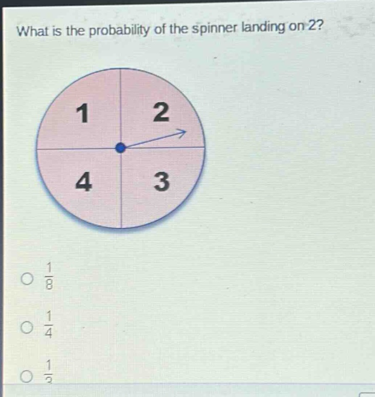 what is the probability of the spinner landing on 2? 1 2 4 3 1/8 1/4 1/3