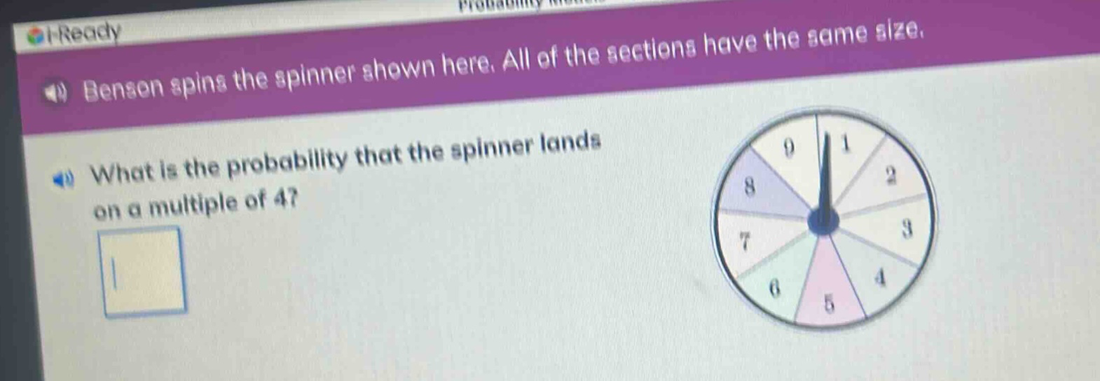 benson spins the spinner shown here. all of the sections have the same size. what is the probability that the spinner lands on a multiple of 4?
