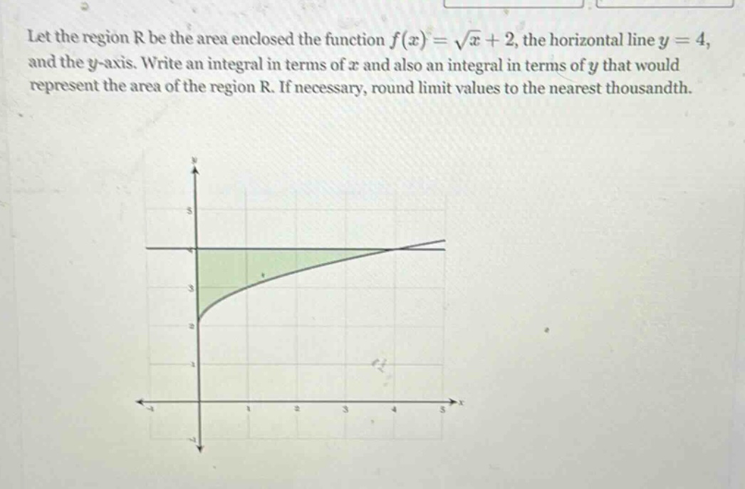 let the region r be the area enclosed the function f(x)=√x + 2, the horizontal line y = 4, and the y - axis. write an integral in terms of x and also an integral in terms of y that would represent the area of the region r. if necessary, round limit values to the nearest thousandth.