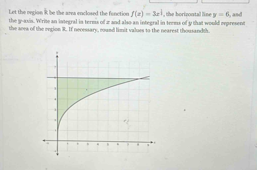 let the region r be the area enclosed the function f(x)=3x^(1/3), the horizontal line y = 6, and the y - axis. write an integral in terms of x and also an integral in terms of y that would represent the area of the region r. if necessary, round limit values to the nearest thousandth.