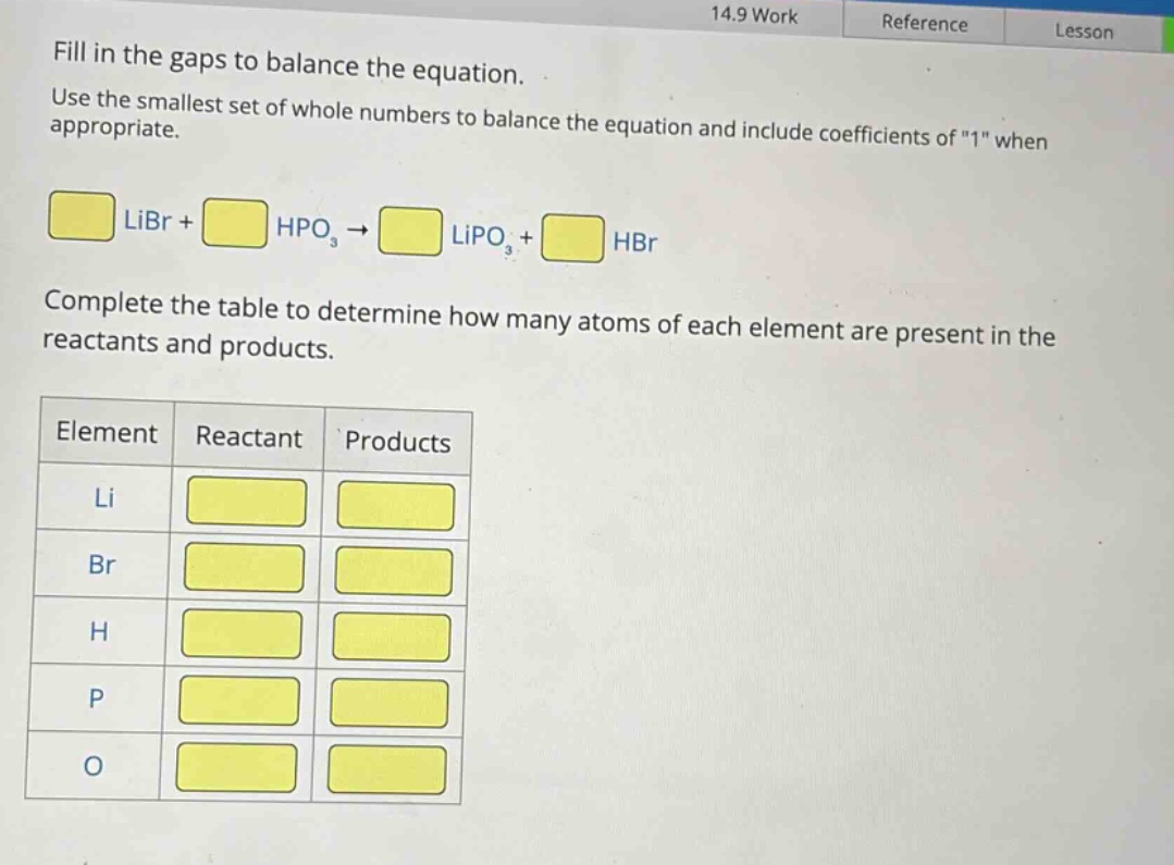 fill in the gaps to balance the equation. use the smallest set of whole numbers to balance the equation and include coefficients of \1\ when appropriate. libr + hpo₃ → lipo₃ + hbr complete the table to determine how many atoms of each element are present in the reactants and products. element reactant products li br h p o