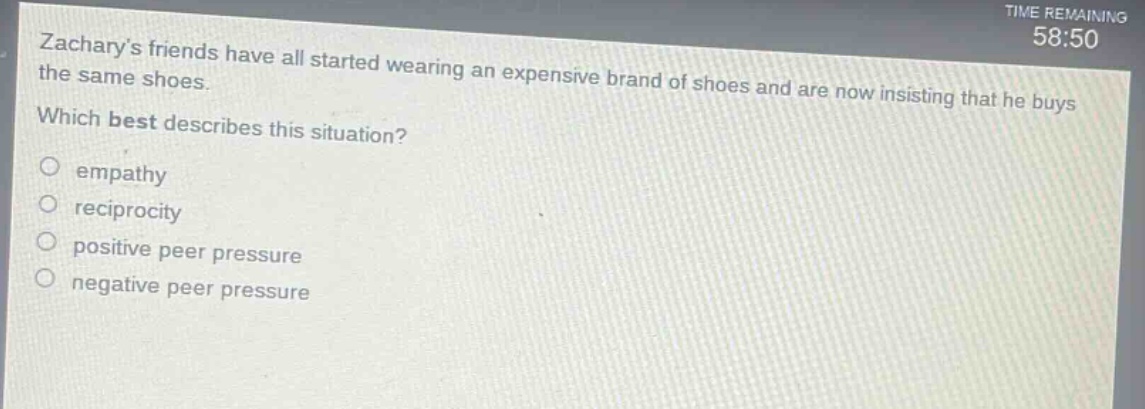 zacharys friends have all started wearing an expensive brand of shoes and are now insisting that he buys the same shoes. which best describes this situation? empathy reciprocity positive peer pressure negative peer pressure
