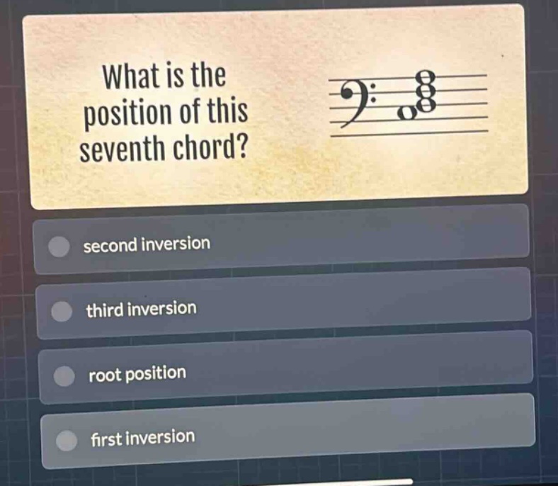 what is the position of this seventh chord? second inversion third inversion root position first inversion
