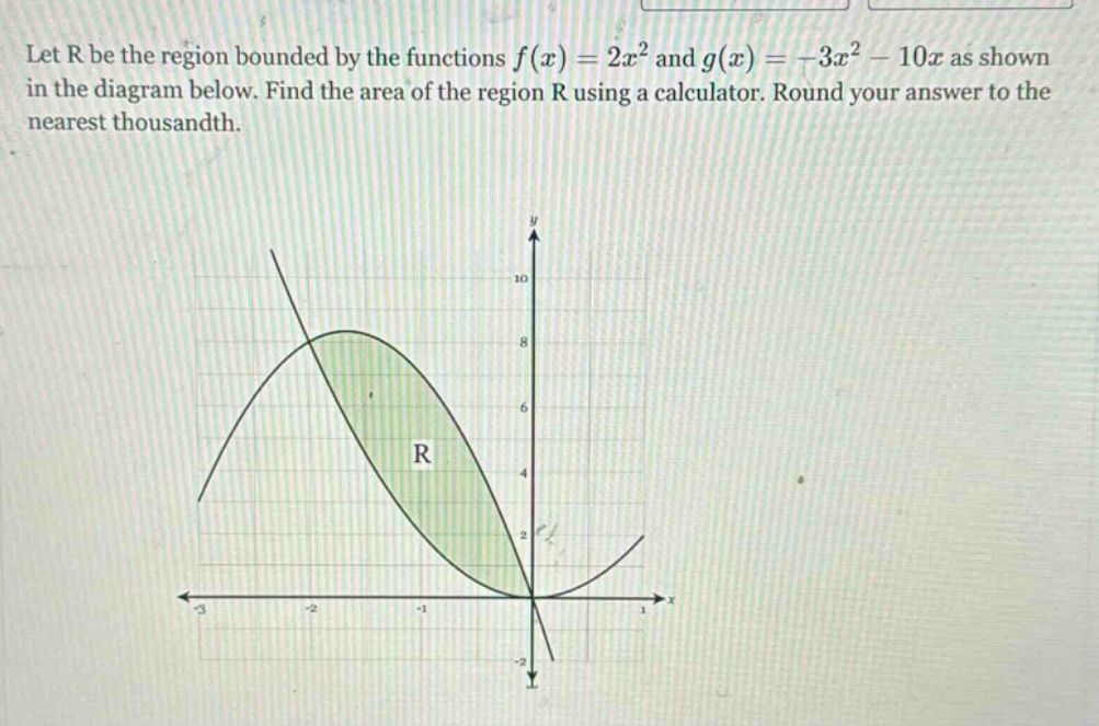 let r be the region bounded by the functions f(x)=2x² and g(x)= - 3x² - 10x as shown in the diagram below. find the area of the region r using a calculator. round your answer to the nearest thousandth.