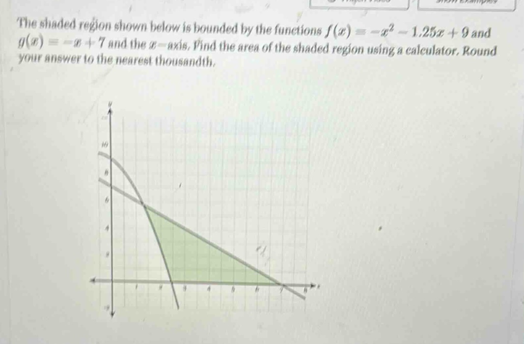 the shaded region shown below is bounded by the functions f(x)=-x² - 1.25x + 9 and g(x)=-x + 7 and the x - axis. find the area of the shaded region using a calculator. round your answer to the nearest thousandth.
