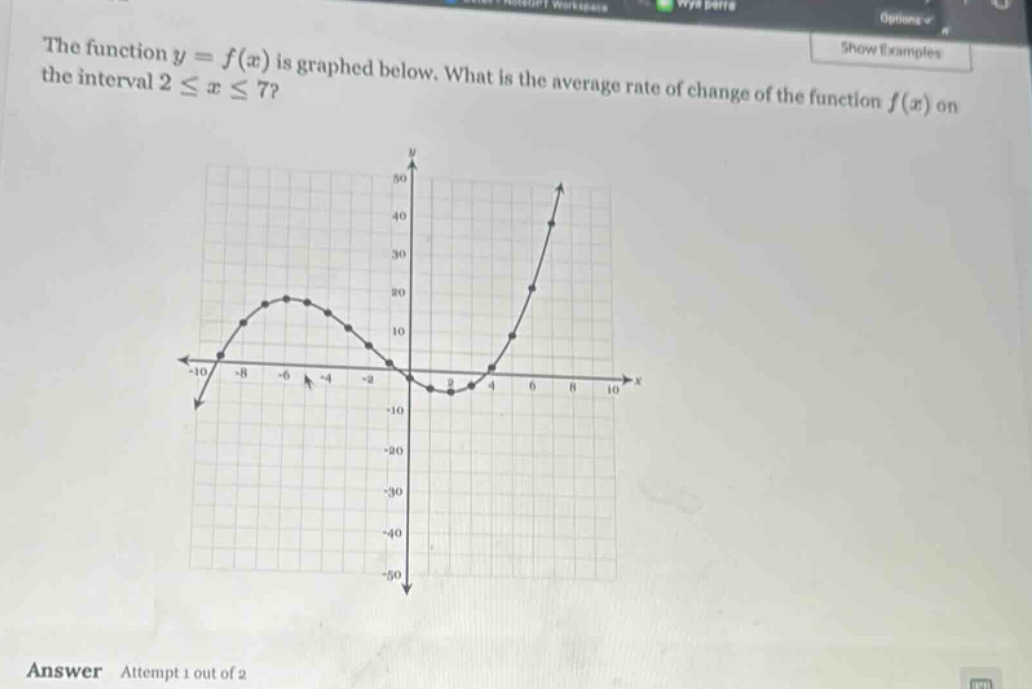 the function y = f(x) is graphed below. what is the average rate of change of the function f(x) on the interval 2 ≤ x ≤ 7? answer attempt 1 out of 2