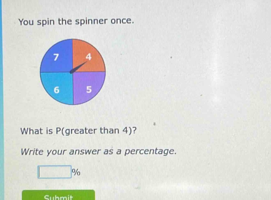 you spin the spinner once. what is p(greater than 4)? write your answer as a percentage. %