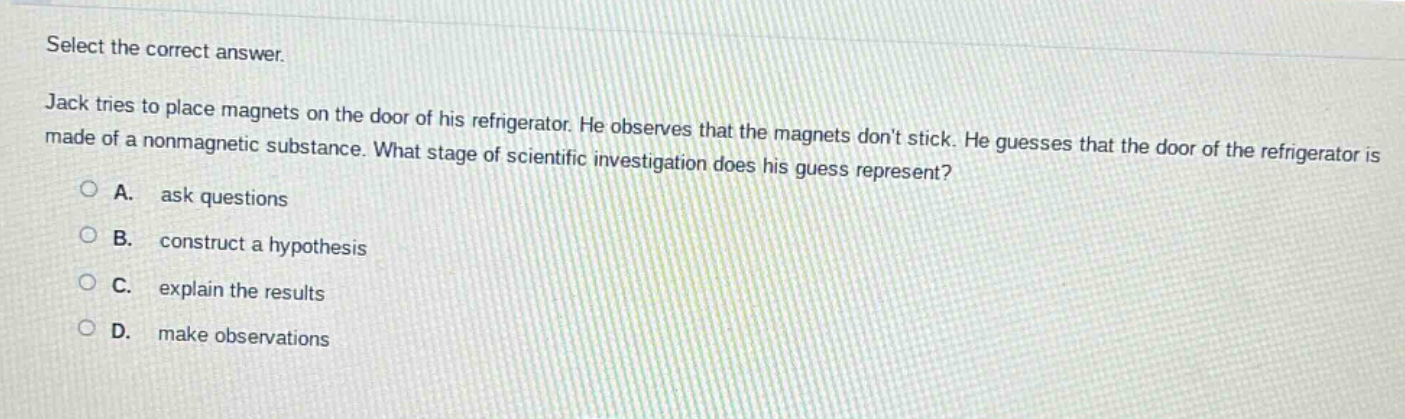 select the correct answer. jack tries to place magnets on the door of his refrigerator. he observes that the magnets dont stick. he guesses that the door of the refrigerator is made of a nonmagnetic substance. what stage of scientific investigation does his guess represent? a. ask questions b. construct a hypothesis c. explain the results d. make observations
