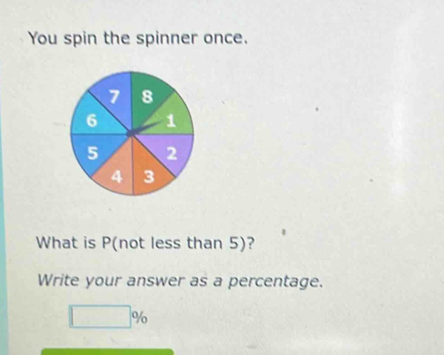 you spin the spinner once. what is p(not less than 5)? write your answer as a percentage. %