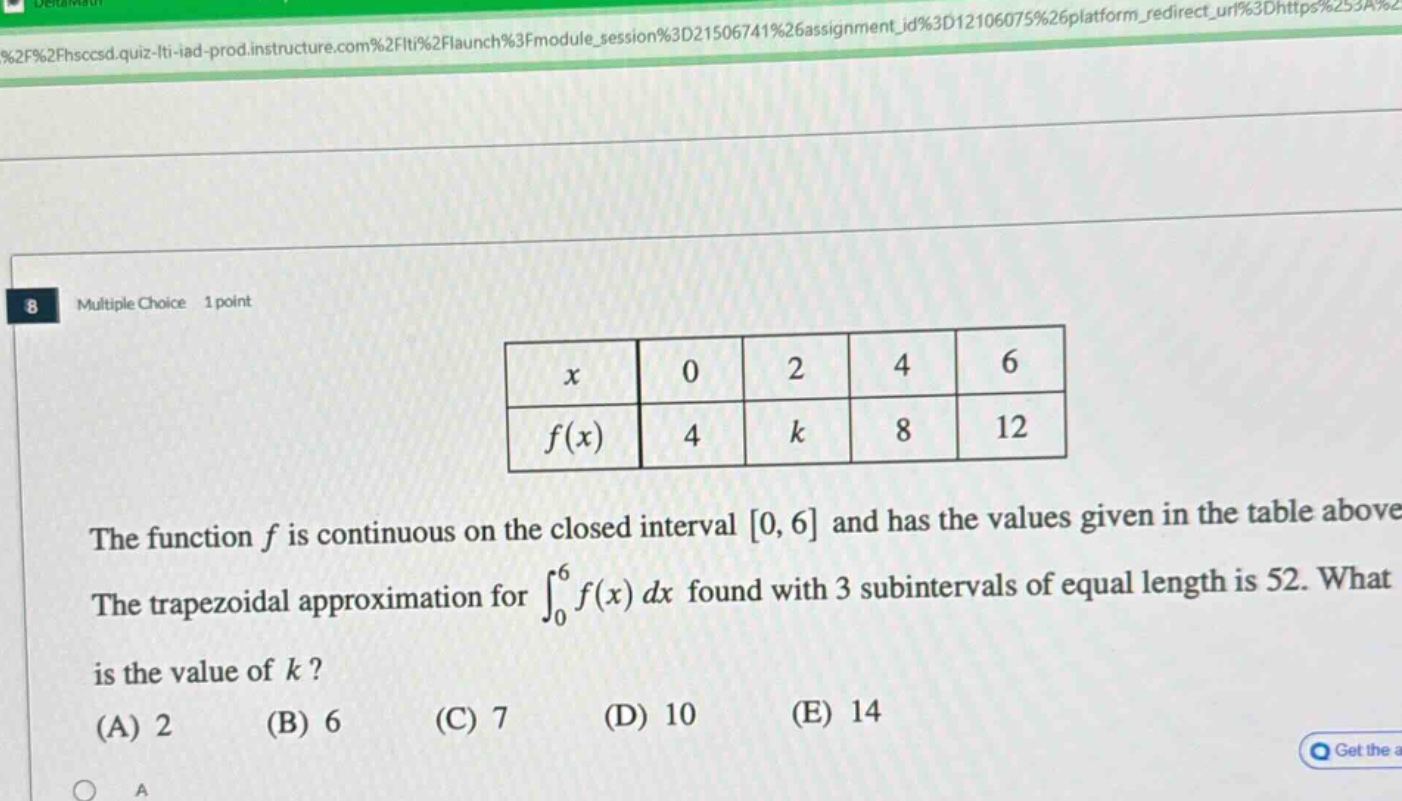 multiple choice 1 point the function f is continuous on the closed interval 0, 6 and has the values given in the table above the trapezoidal approximation for ∫₀⁶f(x) dx found with 3 subintervals of equal length is 52. what is the value of k? (a) 2 (b) 6 (c) 7 (d) 10 (e) 14