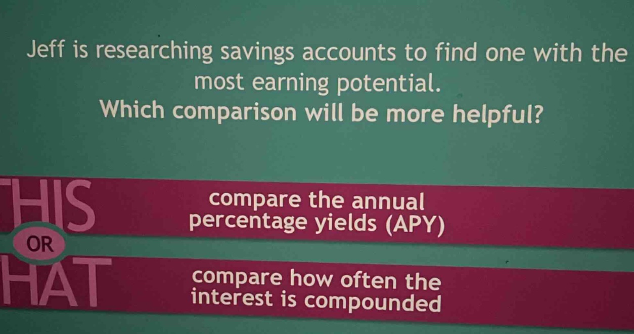 jeff is researching savings accounts to find one with the most earning potential. which comparison will be more helpful? compare the annual percentage yields (apy) or compare how often the interest is compounded