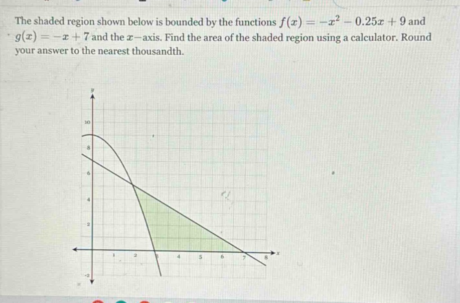 the shaded region shown below is bounded by the functions f(x)=-x² - 0.25x + 9 and g(x)=-x + 7 and the x - axis. find the area of the shaded region using a calculator. round your answer to the nearest thousandth.