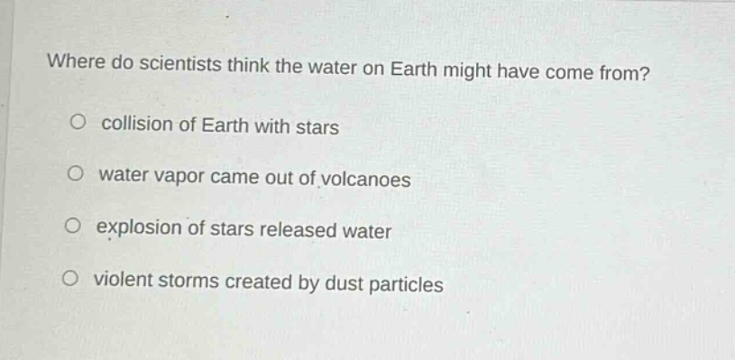 where do scientists think the water on earth might have come from?\no collision of earth with stars\no water vapor came out of volcanoes\no explosion of stars released water\no violent storms created by dust particles